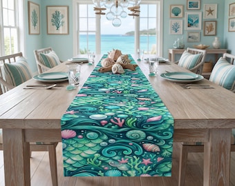 Ocean Mermaid Table Runner | Seashell & Starfish Coastal Dining Decor