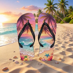 May include: A pair of flip-flops with a beach scene design. The flip-flops feature a sunset with palm trees, ocean waves, and seashells. The straps are black. The flip-flops are resting on a sandy beach.