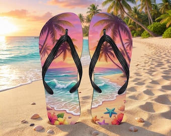 Tropische Strand-Flip-Flops | Sonnenuntergang Ozean-Welle | Sublimationssandalen