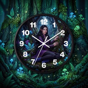 Könnte beinhalten: Eine runde Wanduhr mit schwarzem Rahmen zeigt eine dunkle Waldszene mit einer Person mit langem dunklem Haar in violetter Kleidung, umgeben von leuchtenden blauen und grünen Pilzen, Farnen und Baumrinde, mit weißen Ziffern von 1 bis 12.