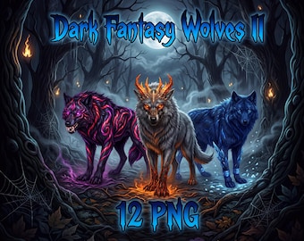 Dark Fantasy Wolves II Clipart | Gothic Halloween Wolf PNG Bundle (Digital Download)