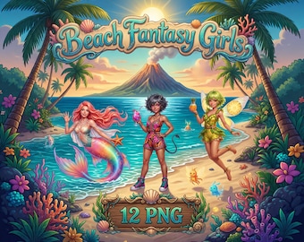 Beach Fantasy Girls PNG Bundle (12) | Tropical Mermaid. Fairy, Nymph, Clipart | 6000 x 6000