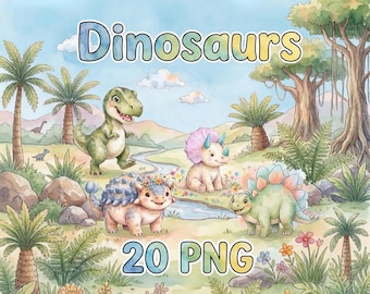 Watercolor Dinosaur Clipart Bundle | Prehistoric PNG Graphics (Digital Download)