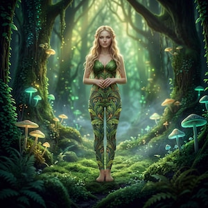 May include: A two-piece outfit consisting of a green leaf-patterned crop top and matching leggings. The top features a pointed leaf-shaped neckline, while the leggings display a detailed botanical print of green and yellow foliage throughout.