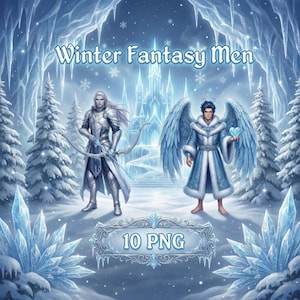Puede incluir: Ilustración digital de dos figuras de fantasía en un paisaje nevado. Una figura sostiene un arco, la otra tiene grandes alas azules y un corazón. Se muestra el texto "Winter Fantasy Men" y "10 PNG".