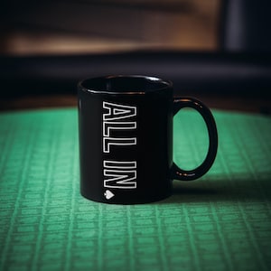 Poker Coffee Cup Gift For Poker Player Drinkware for Poker Room Bar Gift for Him Texas Hold&#39;em Black Coffee Mug ALL IN Modern Design