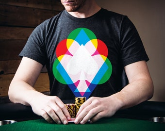 Poker Shirt Gift For Poker Player Modern Poker T-Shirt Playing Card Suit Shirt Spade Hearts Diamonds Clubs Overlay Modern Design