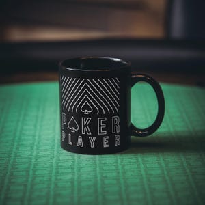 Poker Coffee Cup Gift For Poker Player Drinkware for Poker Room Bar Gift for Him Texas Hold&#39;em Black Coffee Mug PLAYER Modern Design