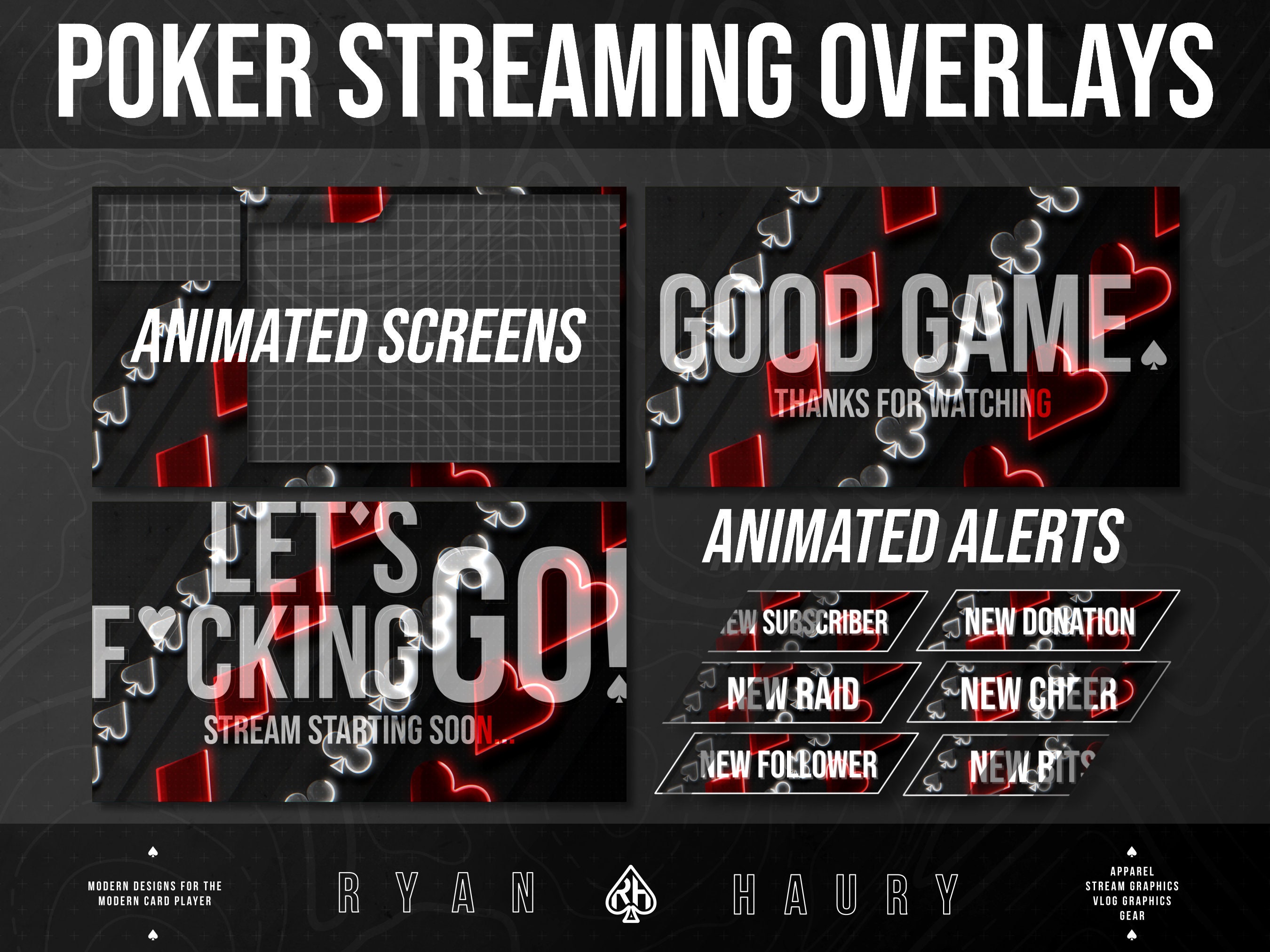 Animated Poker Livestream Overlays Neon Suits Theme Poker Content