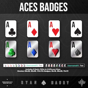 Poker Aces Badges Emotes Icon Pack für Livestream Chat Twitch Subs Discord YouTube Loyalty Mitglieds Abzeichen Poker Inhalt Ersteller Modernes Design