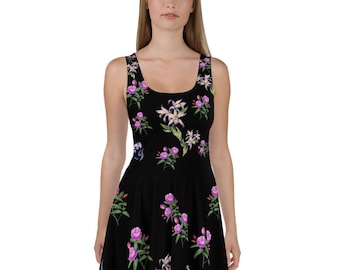 Floral Dress for Women, Skater Dress, Floral Print Dress, Flower Dress, Flower Pattern, Black Dress With Roses, Womens Floral Dress in Black