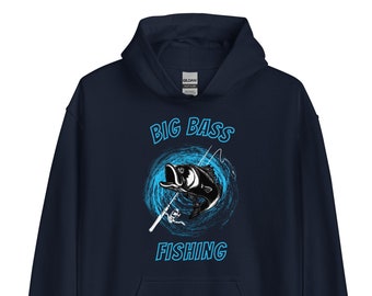 Bass Fishing Hoodie, Mens Long Sleeve Fishing Shirt, Hooded Bass Fishing Sweatshirt, Fly Fishing Hoodies For Men, Fisherman Gift