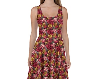 May include: Sleeveless skater dress featuring a vibrant floral pattern. The dress showcases a repeating design of red, pink, and yellow flowers against a dark background. The fabric appears smooth and the dress has a fitted bodice and flared skirt.