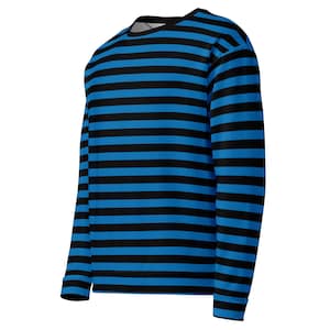 Blue and Black Striped Sweater, Horizontal Stripe Fleece Crewneck, Unisex 90s Skater Pullover, Cozy Long Sleeve Streetwear Sweatshirt
