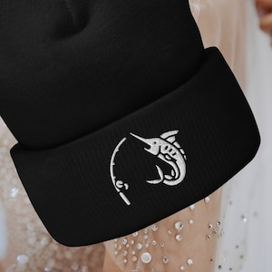 Embroidered Marlin Fishing Beanie: Winter Fisherman Gift