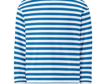 Blue and white striped crewneck sweatshirt, Unisex aop retro pullover, Blue stripes pattern crew neck sweater