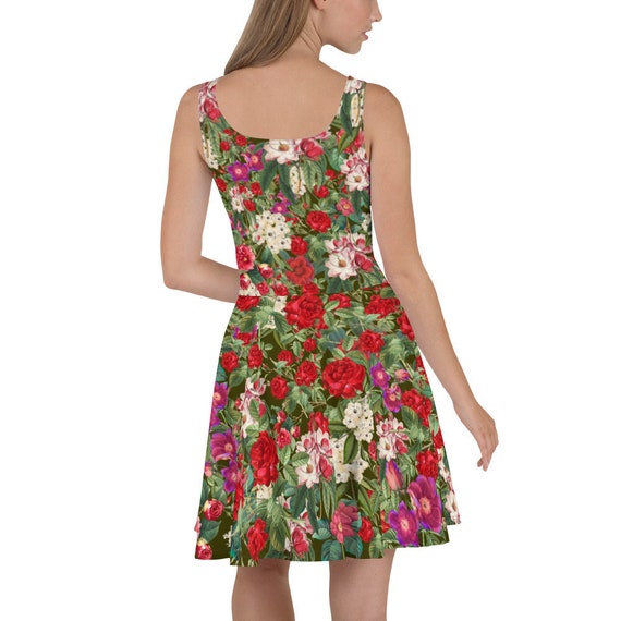 Floral Print Sundress, Botanical Wildflower Skater Dress, Garden Party Guest Outfit, Cottagecore Fit and Flare Mini Summer Dress Vintage