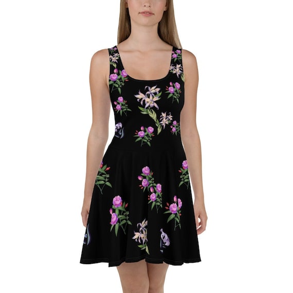 black floral print skater dress Black Floral skater dress, Flower print womens summer vacation sundress, Floral pattern casual spring dresses for women, Grunge Sun dress
