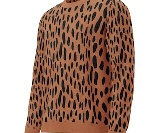 Minimalist Cheetah Knit Sweater, Spotted Animal Print Crewneck, Camel Brown Textured Pullover, Unisex Abstract Streetwear Jumper Retro