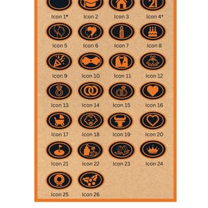 Pu&ograve; includere: Una griglia di 26 icone ovali nere e arancioni etichettate da Icon 1 a Icon 26, con simboli per lauree, case, compleanni, matrimoni e altro. Il testo recita Images for Any Occasion, con note riguardanti Icon 1 e Icon 4 per etichette da 750ml.