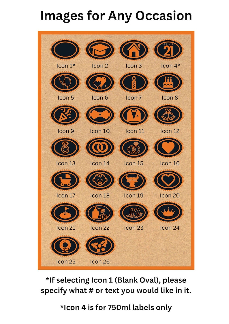 Pu&ograve; includere: Una griglia di 26 icone ovali nere e arancioni etichettate da Icon 1 a Icon 26, con simboli per lauree, case, compleanni, matrimoni e altro. Il testo recita Images for Any Occasion, con note riguardanti Icon 1 e Icon 4 per etichette da 750ml.