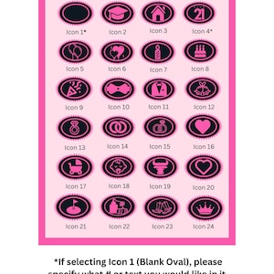 Pu&ograve; includere: Una griglia di ventiquattro icone ovali rosa e nere intitolata Images for Any Occasion. Ogni icona presenta una grafica unica, tra cui un tocco di laurea, casa, torta, anelli e carrozzina. Note testuali specificano la personalizzazione per le icone.