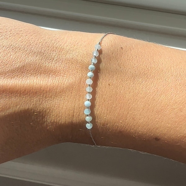 Delicate March Birthstone (Aquamarine) Natural Beaded Gemstone Silk String Adjustable Bracelet Minimalist Design