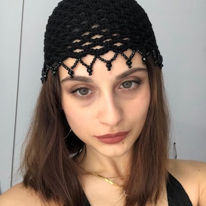 Crochet Mesh Hat, Crochet Lace Beanie, Beaded Crochet Mesh Hat, Crochet Black Mesh Hat, Black Mesh Hat