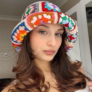 Crochet Bucket Hat, Crochet Granny Square Bucket Hat, Crochet Colorful Bucket Hat, Bucket Hat