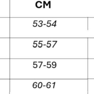 May include: A chart showing head sizes in inches and centimeters. The chart lists head sizes from XS-S to L-XL, with corresponding measurements in inches and centimeters.