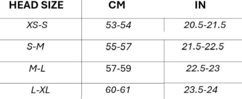 May include: A chart showing head sizes in inches and centimeters. The chart lists head sizes from XS-S to L-XL, with corresponding measurements in inches and centimeters.