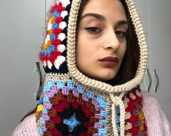Crochet Balaclava, Granny Square Balaclava, Crochet Granny Square Balaclava, Colorful Balaclava, Unisex, Winter Hat, Oversize Balaclava
