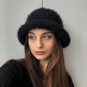 Crochet Bucket Hat, Winter Bucket Hat, Bucket Hat, Crochet Bucket Hat, Fur Hat, Fur Bucket Hat, Fur Hat, Black Bucket Hat, Black Fur Hat
