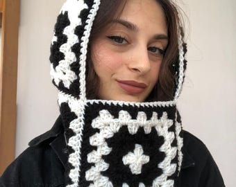 Pasamontañas de ganchillo, Pasamontañas cuadrado estilo abuela, Pasamontañas cuadrado estilo abuela de ganchillo, Pasamontañas blanco y negro, Pasamontañas unisex, Gorro de invierno