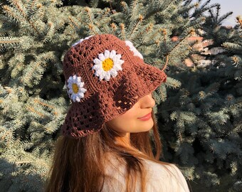 Crochet Daisy Hat, Crochet Bucket Hat, Crochet Flower Hat, Unisex Bucket Hat, Crochet Daisy Bucket Hat