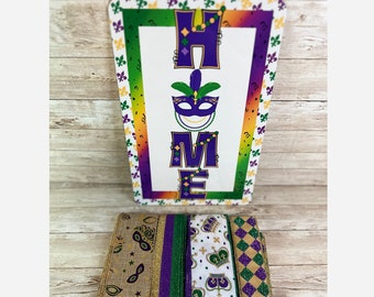 Home, Welcome Sign, Mardi Gras Mask, Mardi Gras Wreath, Mardi Gras Decor, Wreath Attachment, Wreath Supplies, Sign & Ribbon Kit (12"x8")