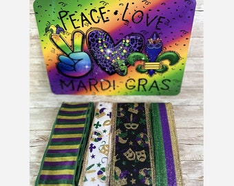 Peace Love Mardi Gras, Mardi Gras Decor, Mardi Gras Wreath, Fleur De Lis, Sublimation Sign, Wreath Attachment, Wreath Supplies (12"x8")