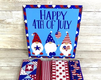 Happy 4th of July, Holiday Gnomes, Independence Day, Sign & Ribbon Kits, Metal Wreath Sign, Wreath Attachment, Wreath Supplies (8" Square)