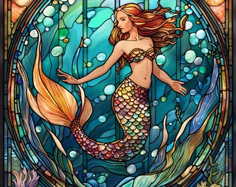 Mermaid, Nautical, Stained Glass Inspired, Metal Sign, Sublimation Sign, Home Decor, Wreath Enhancements, Crafts (Square)