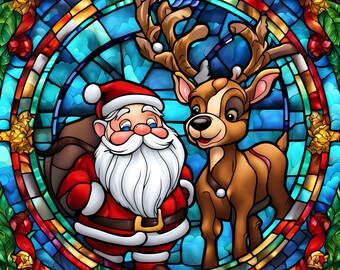 Santa & Reindeer, Faux Stained Glass Inspired, Christmas Decor, Christmas Gifts, Metal Sign, Sublimation Sign, Wreath Attachment (Square)