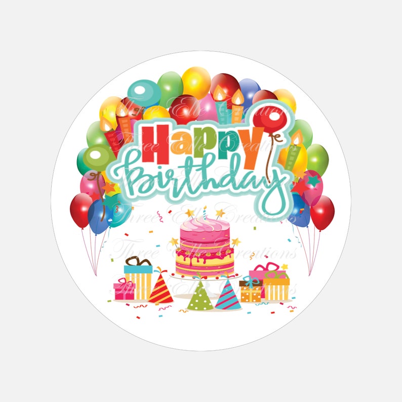 Happy Birthday Cake & Balloons Round Birthday Celebration Etsy