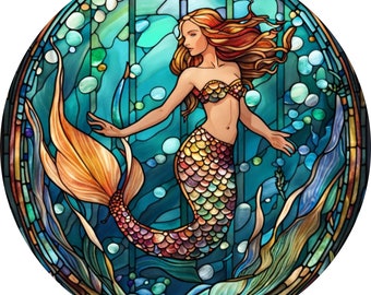Mermaid, Nautical, Stained Glass Inspired, Metal Wreath Sign, Sublimation Sign, Home Decor (Round)
