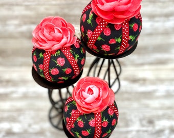 Rose, Floral, Designed Balls, Decorative Wreath Attachment, Fabric Ornaments, Wreath Balls, Wreath Ornaments, Wreath Supplies (4 Inch)