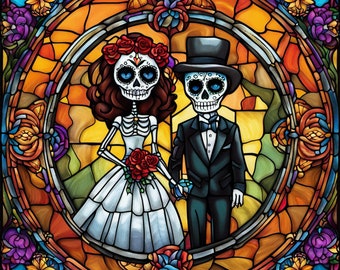 Faux Stained Glass Inspired, Day of the Dead, Dia de los Muertos, Bride & Groom, Metal Sign, Sublimation Sign (Square)