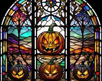 Faux Stained Glass Inspired, Halloween Pumpkins, Halloween Decor, Jack-o'-lanterns, Metal Sign, Sublimation Sign, Wreath Attachment (Square)