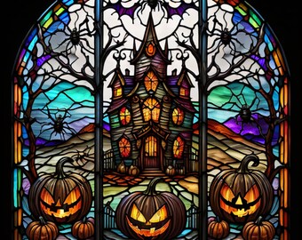 Haunted House, Faux Stained Glass Inspired, Jack-o-Lantern Sign, Halloween Sign, Metal Sign, Sublimation Sign, Signs For Wreaths (Square)