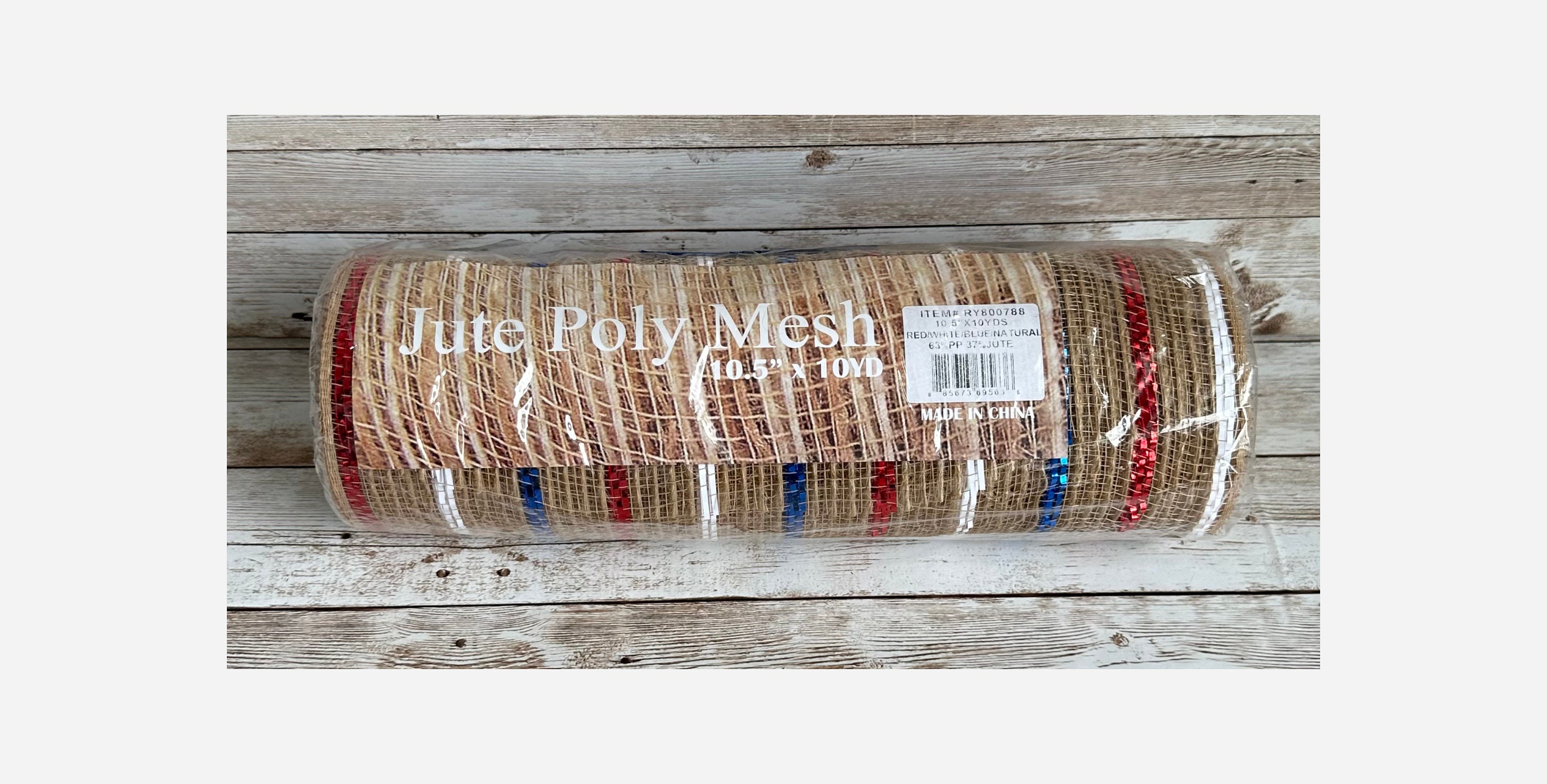 SALE 10.5 Natural, Red and White Poly Jute Metallic Mesh, Stripe Jute Mesh,  Wreath Making Supply, DIY Projects 