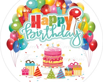 Happy Birthday Cake & Balloons Round, Birthday Celebration, Metal Wreath Sign, Wreath Attachment, Wreath Supplies (Round)