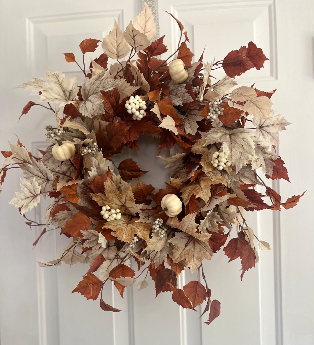 Fall Leaf Wreath for Your Front Door With White Pumpkins and White ...