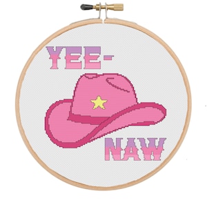 Yee-Naw: cute pink cowgirl hat cross stitch pattern- downloadable PDF